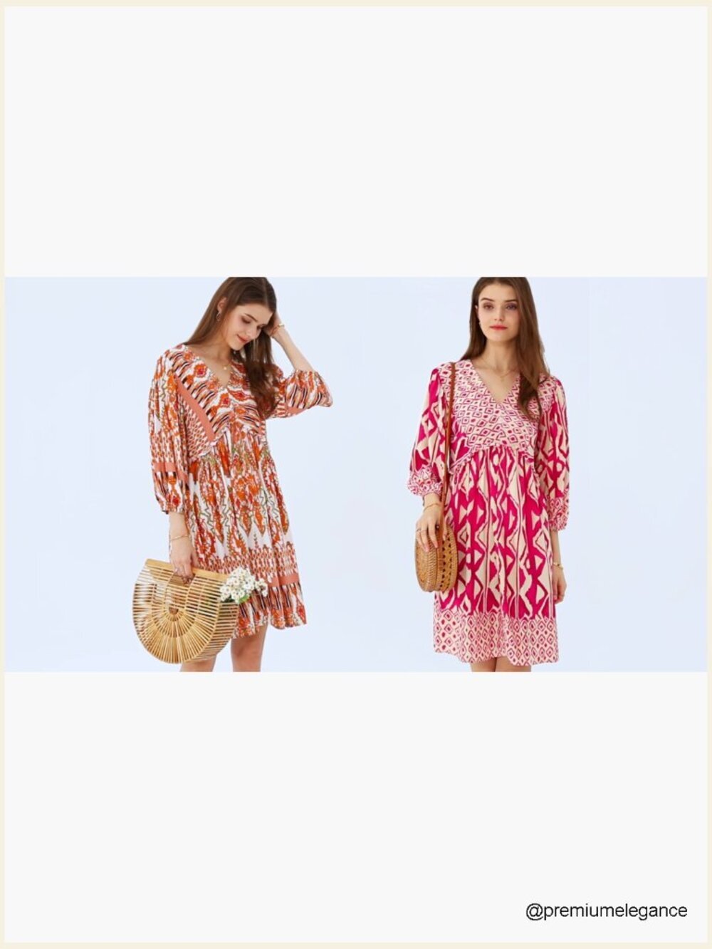 V-Neck 3/4 Sleeve Floral Babydoll Mini Dress Loose Fit Rayon - Picture 6 of 7